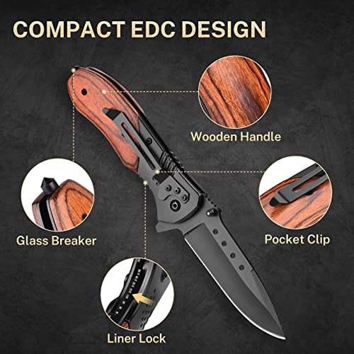 KEXMO Faca de bolso para homens, faca de bolso de madeira dobrável de 8,9 cm com clipe, alça de made