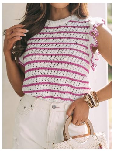 Verdusa Women's Striped Sweater Cap Sleeve Hollow Out Knit Tops Lightweight Sweater Vest3