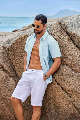 Image of COOFANDY Men's Button Down Short Sleeve Shirt Casual Cotton Summer Beach Wedding Linen Shirts with Pocket
