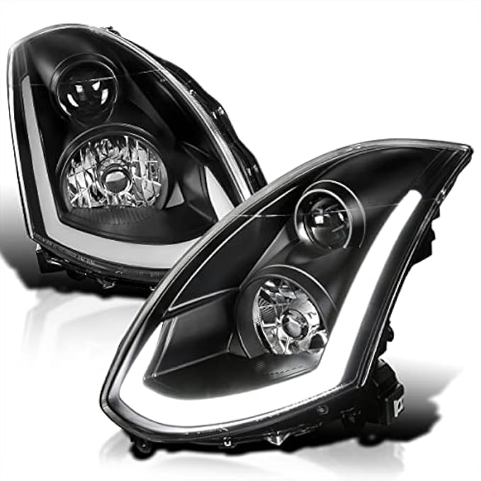SPEC-D TUNING LED Strip Projector Headlights Black Compatible with 2003-2007 Infiniti G35 Coupe, Left + Right Pair Headlamps Assembly