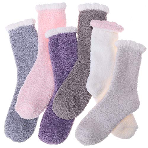 ANTSANG Girls Womens Girls Fuzzy Socks Soft Warm Slipper Cabin Fleece Plush Fluffy Sleep Cozy Winter Stocking Stuffers Christmas Adult Socks?Mix Color E (6 Pairs)?
