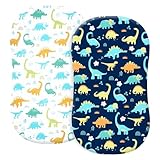 PHF Soft Bassinet Sheet Set, 2 Pack Silky Comfy Breathable Cradle Sheets for Baby Boys Girls, Univeral Fit for Most Oval Rectangle Cradle and Bassinet Mattress/Pad, Dinosaur