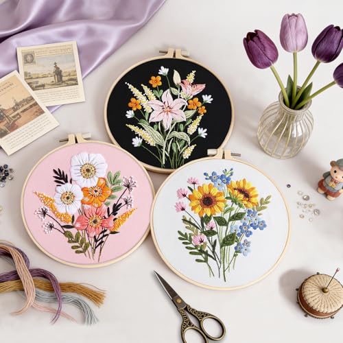 Image of Uniartfy 3 Sets Embroidery Kit for Adults, Flower Pattern Embroidery Practice Kits for Beginners, Needlepoint Cross Stitch Kits Include Hoop, Colorful Threads, Tools, Easy to Learn Video & Instruction