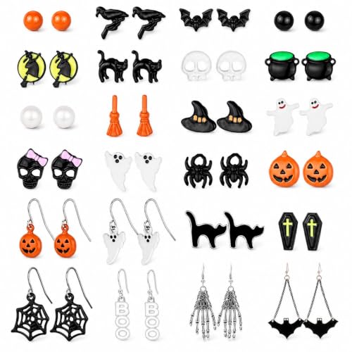 24 Pairs Halloween Earrings for Women Bat Witch Cat Earrings Set Spider Web Pumpkin Skull Dangle Earring Halloween Jewelry Accessories Costumes