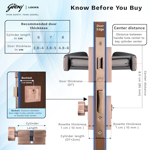 Image of Godrej Mortise Lock | Handle Lock Set for Main & Internal Doors | NEH 06 Home Decor Handle | Black Antique Copper Finish | 9 Inch Lockbody | 60mm 1CK Cylinder Knob from Inside Key Outside | 3 Keys