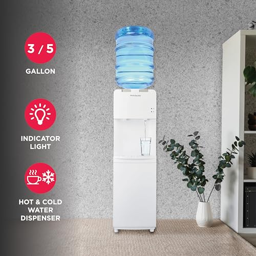 Frigidaire EFWC498, Top Load Hot & Cold Water Cooler Dispenser for Home, Garage, Dorm, RV & Cottage, 3 and 5 Gallon Bottles, 11" D x 11.5" W x 36" H, White