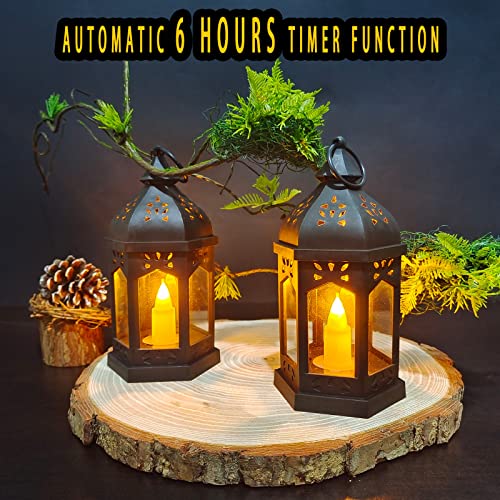 Llq Vintage Ramadan Timer Lanterns Decorative With Flickering Led Small Candle, Hanging Decorative Black Lantern Decorations, Moroccan Decor Candle Holder For Christmas Party Wedding Decor, Pack Of 2 #TOP1