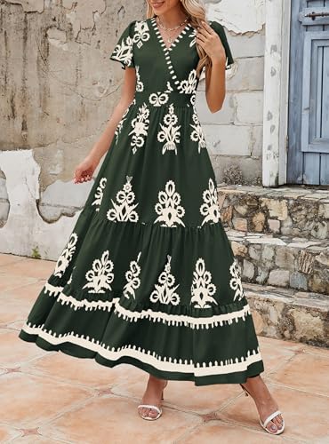 Image of PRETTYGARDEN Womens 2026 Summer Casual V Neck Boho Maxi Dress Flowy Aline Bell Sleeve Tiered Floral Dresses with Pocket