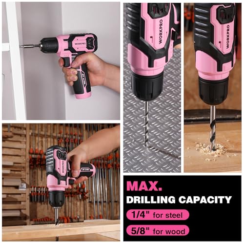 Image of WORKPRO Pink Cordless Drill Set, 8V Impact Drill Driver with 53pcs Bit Set, 2.0Ah Electric Power Drill Kit with 3 /8 inch Keyless Chuck and Variable Speed Trigger, Portable for DIY- Pink Ribbon