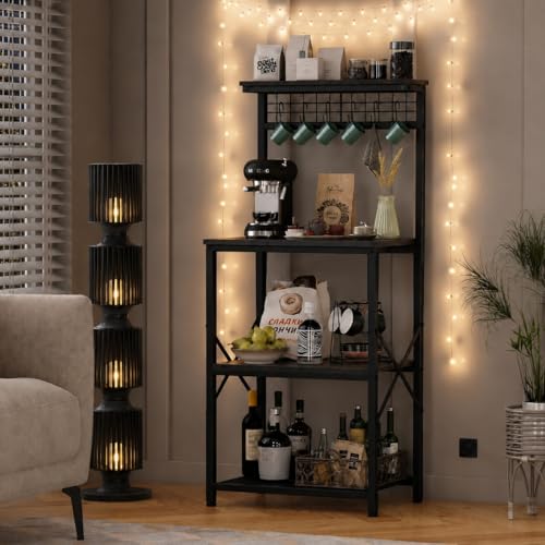 Image of 4-Tier Baker's Rack and Coffee Bar Table | Kitchen Microwave Stand with 6 S-Hooks | Storage Shelf for Spices, Pots and Pans | Black | 60x40x125 cm