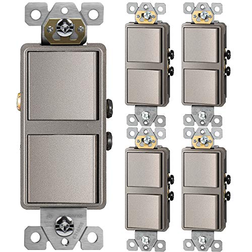 ENERLITES Double Paddle Rocker Decorator Switch, Gloss Finish, Clamp-Type Wiring, Copper Wires Only, Single Pole, Residential/Commercial Grade, 15A 120-277VAC, 62834-NK-5PCS, Nickel 5 Pack