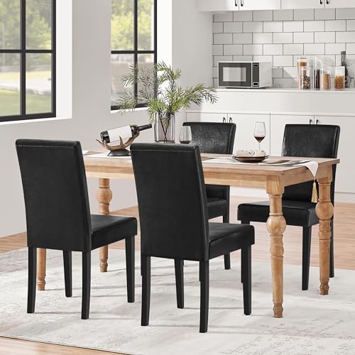 Yaheetech Dining Chairs Set of 4 PU Leather Upholstered Parsons Dining Chairs with Solid Wood Legs for Kitchen/Living Room/Restaurant, Modern Style, Black