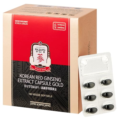 Korean Red Ginseng Extract Capsule Gold - Vegan Energy Supplements - Energy Boost & Immune Support, Caffeine Free & Non-GMO (600mg, 150 Capsules)