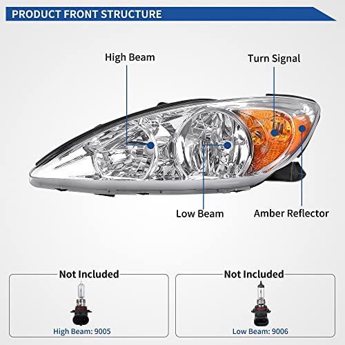 Image of oEdRo Headlight Assembly Compatible with 2002 2003 2004 Camry Headlamp with Amber Reflector Clear Lens Chrome Housing