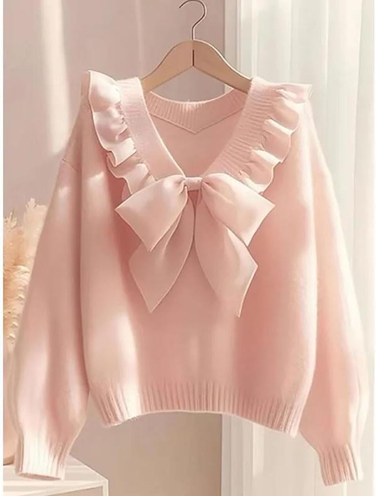 Women's Bow V-Neck Ruffles Patchwork Knitted Pullover Women Long Sleeve Loose Sweater Tops