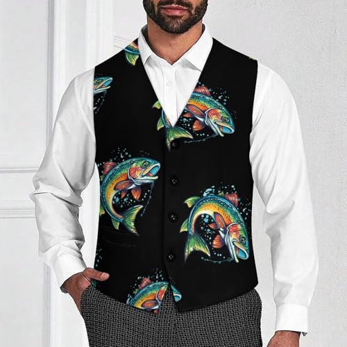 Rainbow Trout Print Mens Slim Fit Suit Vest Dress Waistcoat Casual Business Vest2