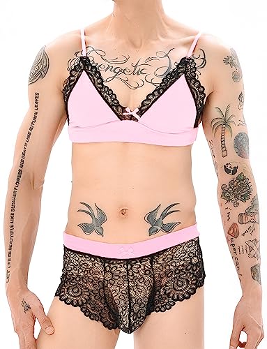 Panegy Sissy Lingerie Set for Men Male Lace Floral Bra and Panty Set Bowknot Stocking 3 Pcs4