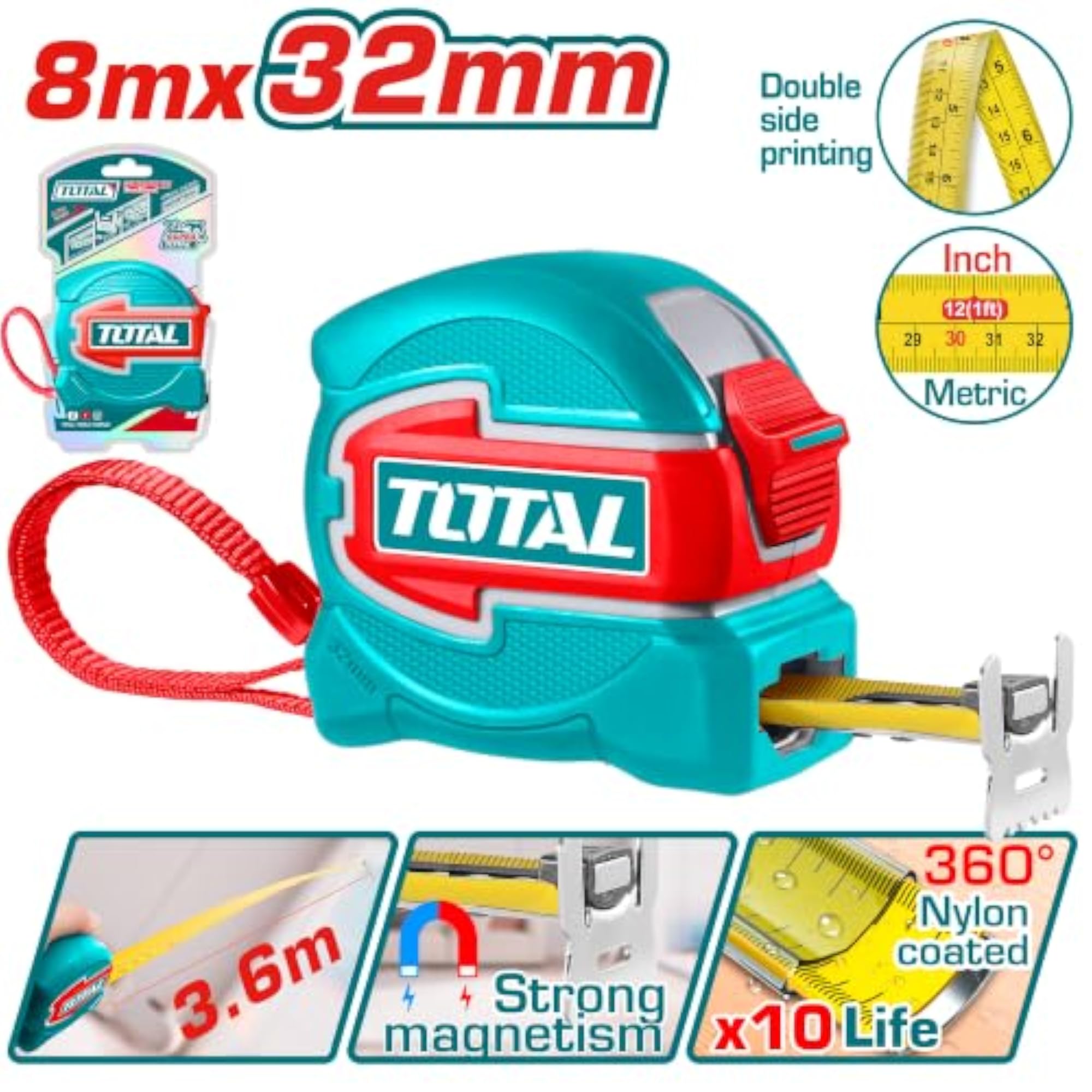 8m Steel Tape Measure with Magnetic Double Hook, Metric & Inch