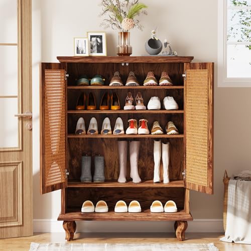 LITTLE TREE Rattan Shoe Cabinet for Entryway, 5-Tier Large Hidden Shoe Organizer Cabinet with Ventilated Doors, Modern 25-Pair Shoe Rack Closet Organizer Shoe Storage Cabinet for Bedroom