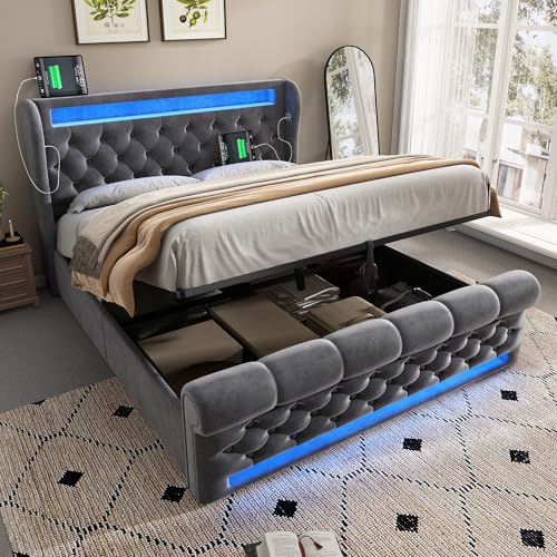 Canape Abatible de Formato Doble 160x200 con Sistema de Elevacion Neumatica como Marco Tapizado de Terciopelo de Gran Capacidad y Bastidor para la Habitacion Gris