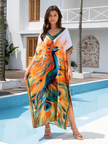 Image of KECVOT Kaftan Dresses for Women V-Neck Print Swimsuit Cover Up Plus Size Beach Caftan Lounge Dress