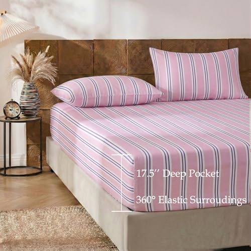 Image of Merryword 100% Cotton Sheet Set Queen Size, Purple Stripes Bedding, Soft Breathable Percale Weave, Modern Minimalist, Luxury Linen Like, Deep Pocket Fitted Sheet 17.5 inch