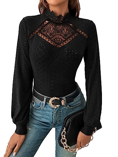 OYOANGLE Women's Guipure Lace Long Sleeve T Shirts Hollow Out Dressy Casual Eyelet Tops