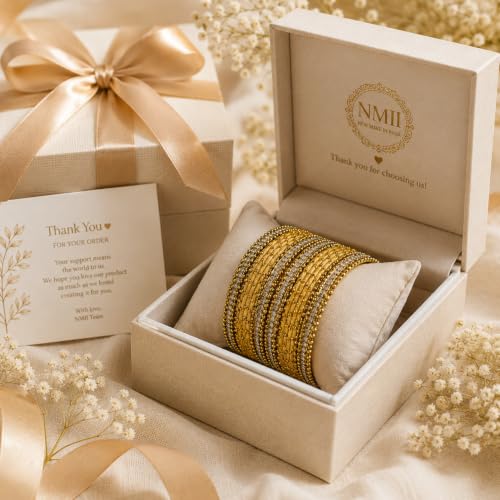 Image of NMII Non-Precious Metal with Base Metal and Zircon Gemstone Studded Ball Chain Linked Glossy Finished Silk thread Bangle set for Women and Girls