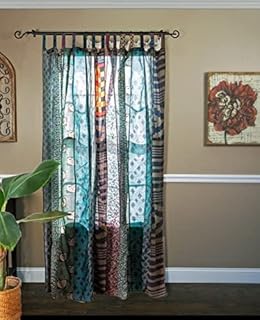 Handicrafts Indian Old Vintage Sari Curtains Blue Color Hippie Decor Sil...