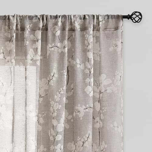 Image of FMFUNCTEX Linen Sheer Blossom Floral Print Curtains Taupe 63 Inch 2 Panels | Rod Pocket Rustic Drapes, Farmhouse Flower Patterned Window Curtain, Light Filtering Privacy for Living Room and Bedroom