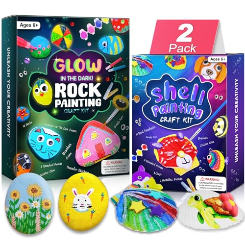 Sea Shell & Rock Painting Kit - 2 Pack 58 Pcs Glow in The Dark Paint Kits, Arts and Crafts for Kids 4-12, Kids Painting Set, DIY Arts & Crafts Toys for Boys Girls Birthday Party Activities Gifts