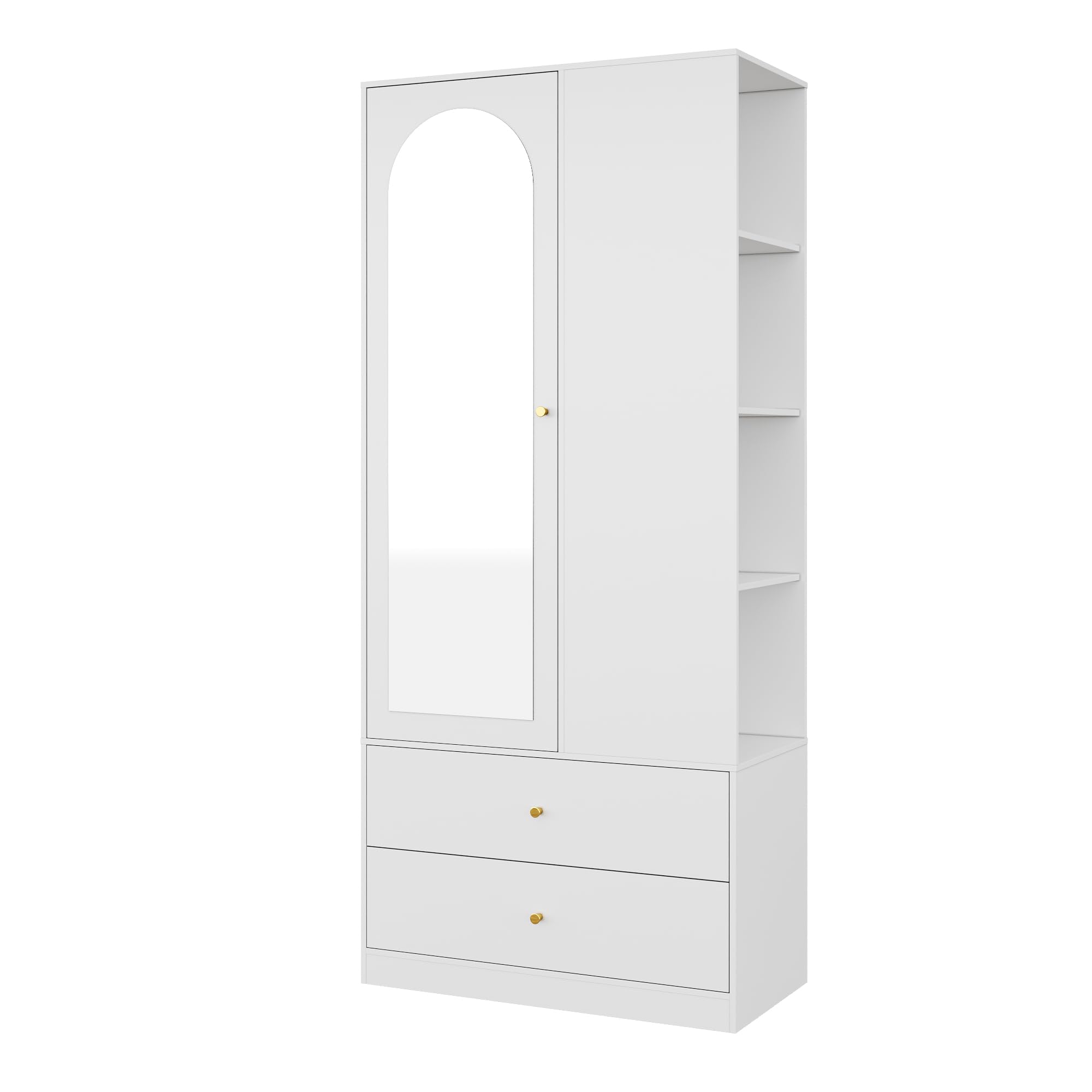 Armario blanco de 80 cm con puerta de espejo y 2 cajones grandes, barra para colgar ropa y estantes laterales, armario estrecho compacto para el dormitorio