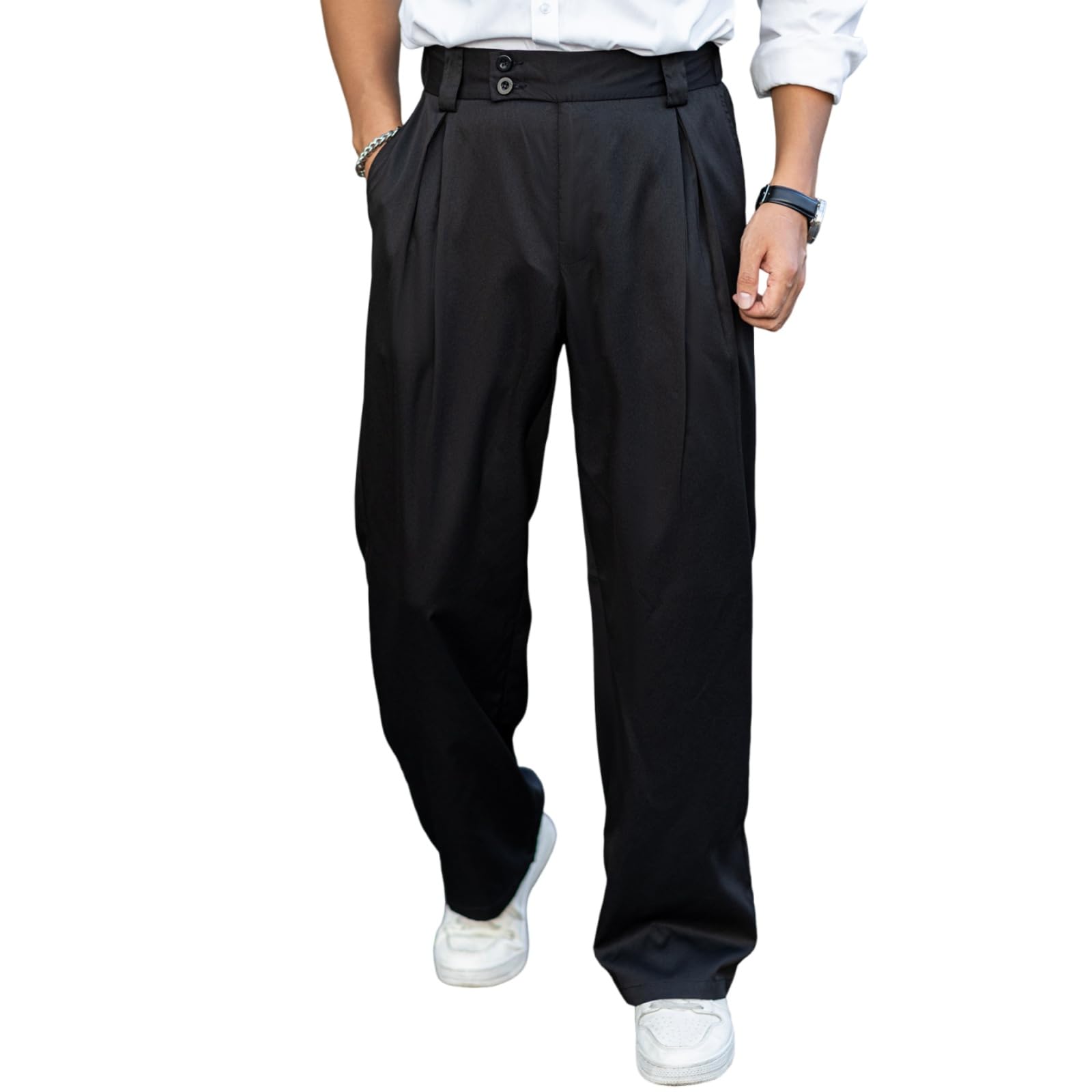 Mens Dress Slacks Button Waistband Straight Leg Lounge Pants Baggy Fit Soft Business Casual Trousers with Pockets