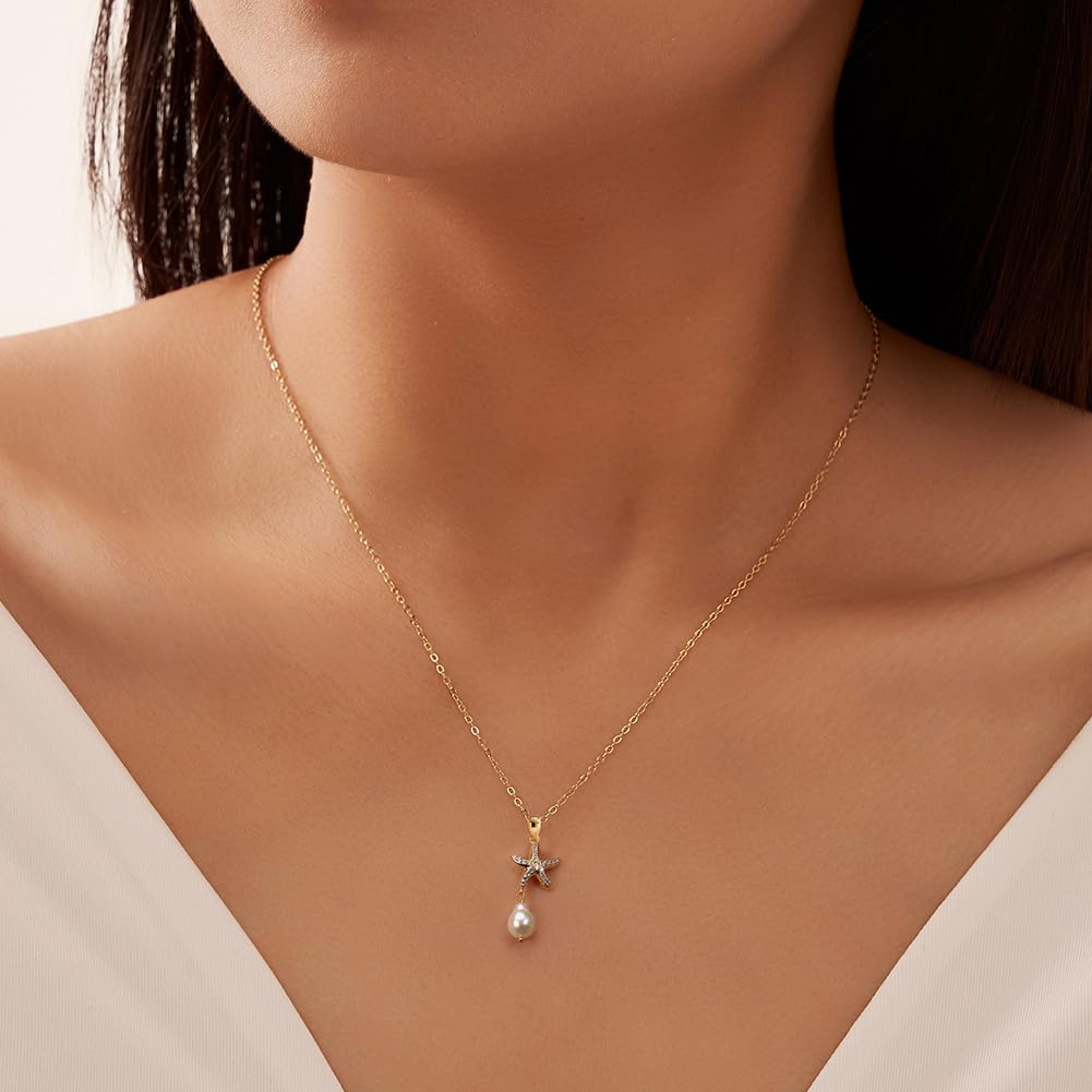 Delicado collar con colgante de estrella de mar de oro, océano para mujer, perlas chapadas en 14 quilates, joyería bohemia hecha a mano para playa de verano