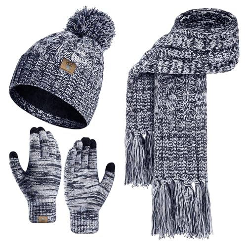 Womens Winter Warm Beanie Hat Touchscreen Gloves Lone Neck Scarf