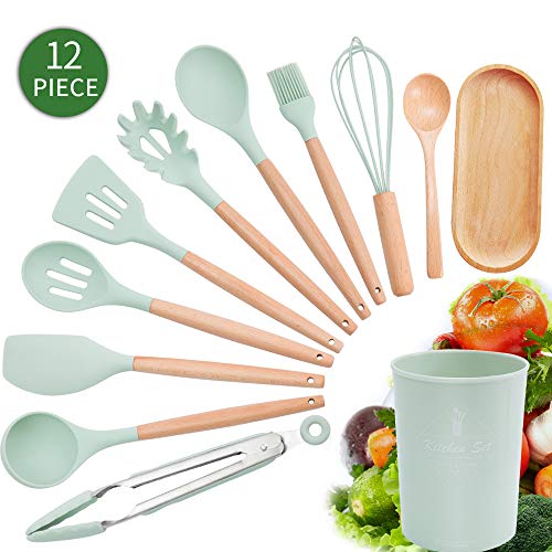 AILI Ustensiles De Cuisine Ustensiles De Cuisine En Silicone | Tourne-Spatule Outils Résistants À La Chaleur Avec Manche En Bois Pour Batterie De Cuisine Antiadhésive |12 pièces|36,5 x 12,5 x 12,5 cm