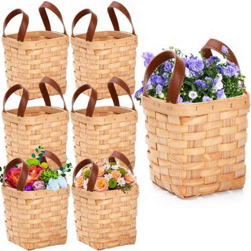 ZOOFOX 6 Pack Small Wicker Basket with Handle, 4' x 4.5' Woodchip Baskets for Gifts Empty, Rustic Style Basket Flower Girl Baskets for Wedding Home Party Decor Easter Gift Packing