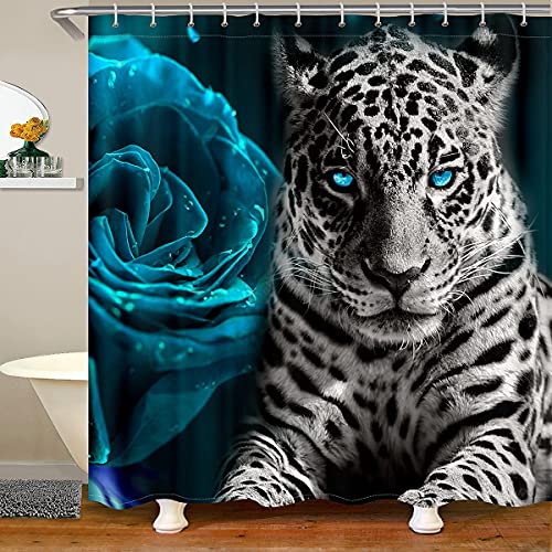 Rideau de douche tigre - Motif : rose - Pour salle de bain - Rideau de douche africain - Motif floral romantique - Tissu - Décoration de salle de bain avec crochets - 180 x 180 cm Cover