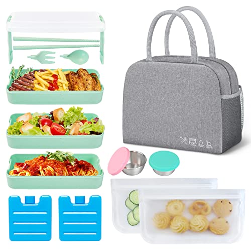 Kubya Bento Lunch Box Set,Stackable Lunch Container Leak-Proof 3-In-1 Compartment With Ice Packs, Reusable Lunch Bag, Food Bags, Sauce Cups, Lunch Box Microwave Freezer Safe（Grey） #TOP3
