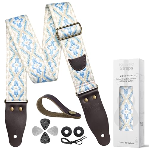 Ruiyang Retro Light Blue Guitar Strap with Pick Holder & Picks Brown Genuine Leather Ends Cute Embroidered Polyester Strap for Acoustic and Ukulele Quality Gift Box Set-Correa Para Guitarra