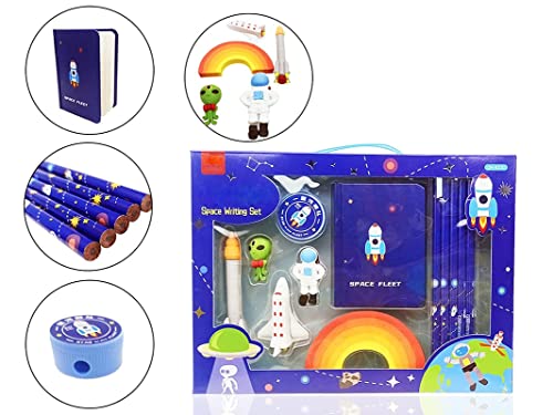 Image of Crackles Space Theme Design Stationery Writing Set for Kids (5 Pencils, 5 Different Shapes Erasers, 1 Notebook, 1 Sharpener)