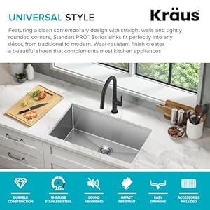 KRAUS Standart Pro 30 -inch Undermount Single Bowl 16 Gauge Stainless Steel Kitchen Sink, KHU100-30 KRAUS Standart Pro 30 inch Undermount Single Bowl 16 Gauge Stainless Steel Kitchen Sink KHU100 30