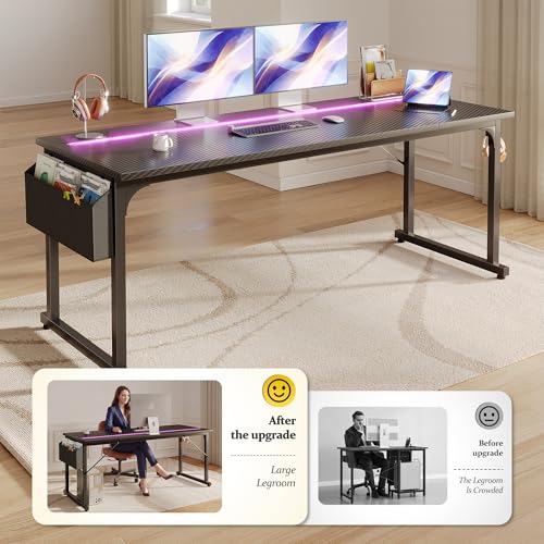 Image of DurayLoly 63 inch Gaming Desk with LED Lights,Computer Desk with Storage Bag for Home Office, Long Desk with Headphone Hook for Study Writing Work Wood Desk,Sturdy Metal Frame,Bedroom,Black