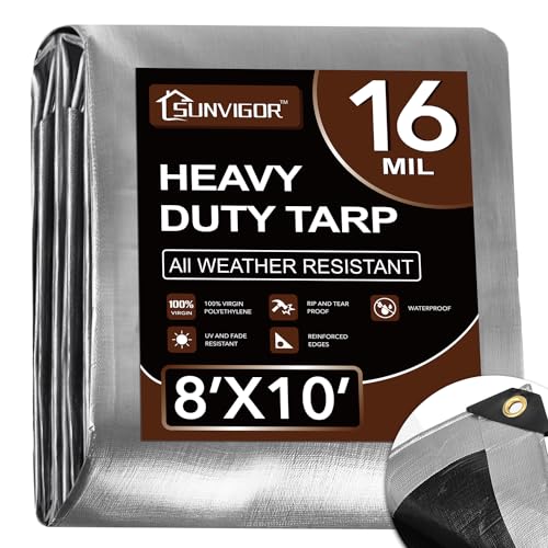 Tarp 8x10FT, Extra Thick 16Mil Heavy Duty Waterproof Tarps with Brass Grommets and Reinforced Edges, Tear & Fade Resistant, 100% UV Blocking Outdoor Tarp for Roof Camping Patio Pool Boat (Silver)