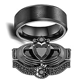 Couple Ring Bridal Set His Hers Black Claddagh Ring Heart Shape Rhinestone Stacking Irish Ring Stainless Steel Wedding Ring Band
