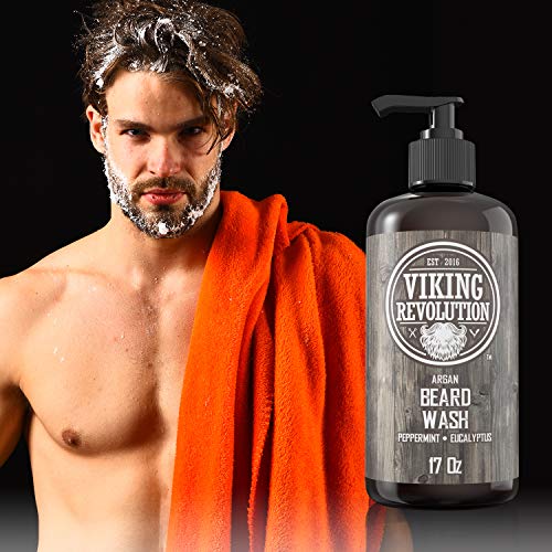 Beard Wash Shampoo w/Argan & Jojoba Oils - Softens & Strengthens - Natural Peppermint and Eucalyptus Scent - Beard Shampoo w/Beard Oil (17 oz Shampoo)
