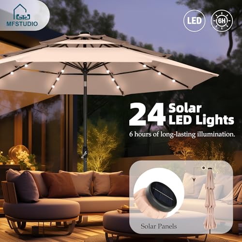 MFSTUDIO 10ft 3 Tier Solar Patio Umbrella, Outdoor Market Umbrellas with 24 LED Lights, Auto-tilt, Sun Shade for for Backyard Deck Garden, Beige