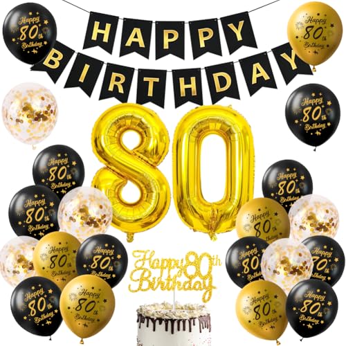 Deko 80. Geburtstag Partydekorationen zum 80. Geburtstag in Schwarz und Gold Luftballons zum 80. Geburtstag in Schwarz und Gold Fotodekorationen zum Geburtstag unisex.