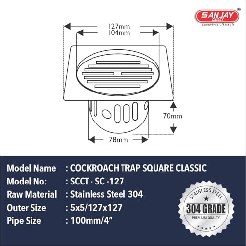 Image of Floor Drain with Cockroach Trap 304 Stainless Steel Grade Bathroom Gratings Floor Cover Jali Waste Water Drainer Strainer Washbasin Sink Toilet Anti Odor (Square Classic 5x5 INCH)