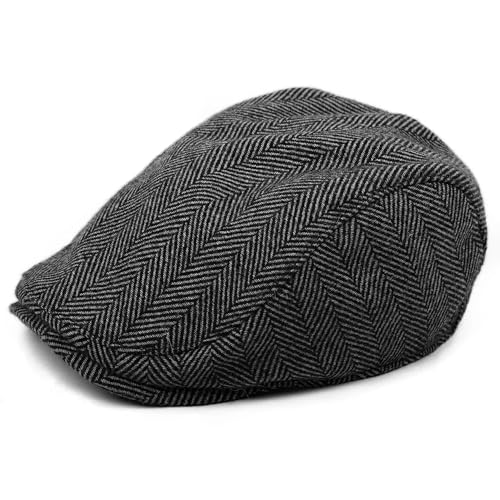 The Original Boston Scally Cap - The Original Newsboy Flat Cap - Single Panel Cotton Fitted Hat for Men - Grey Herringbone - XL